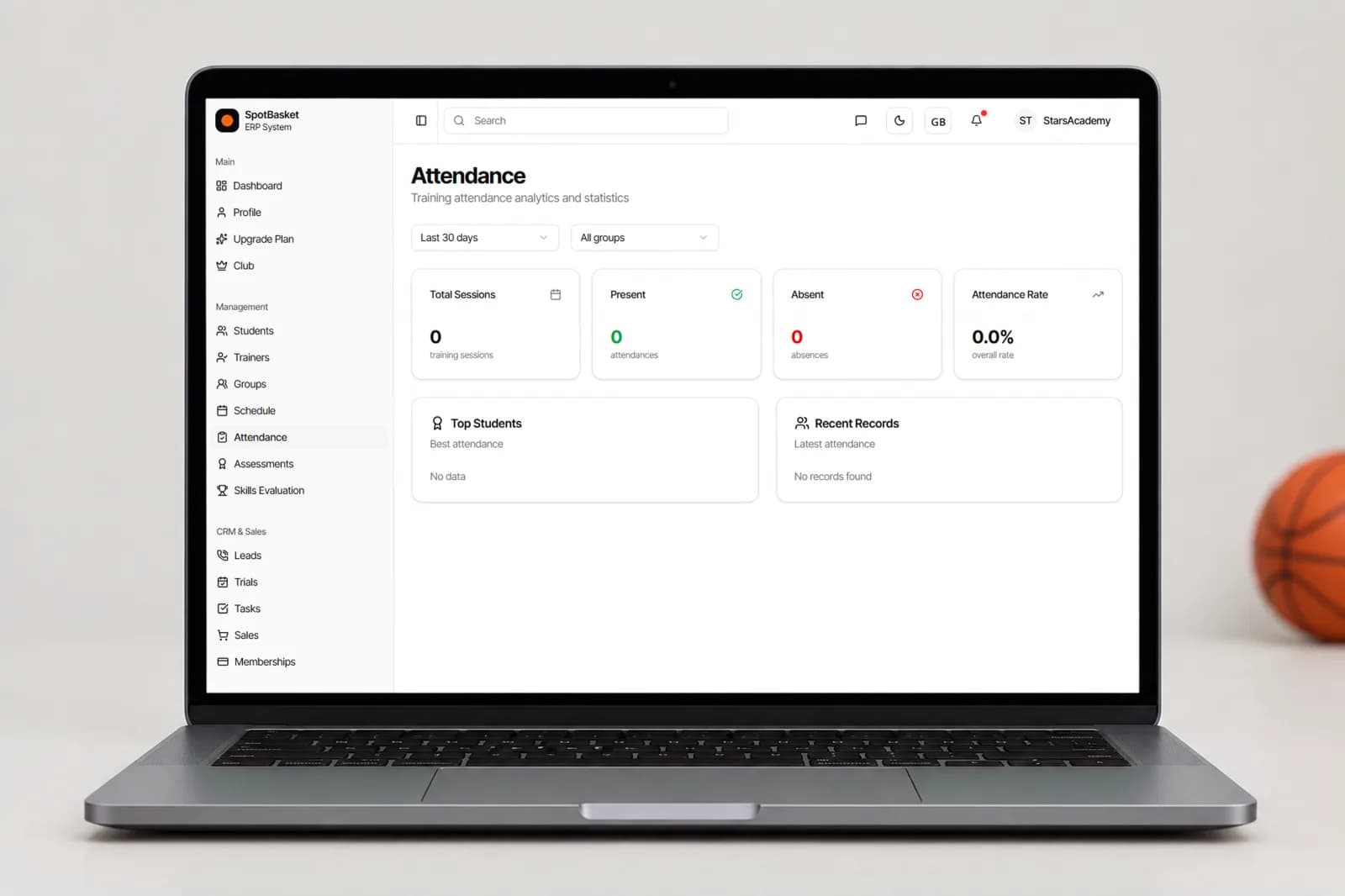 Marking players present and absent from a basketball practice in the SpotBasket attendance tracker