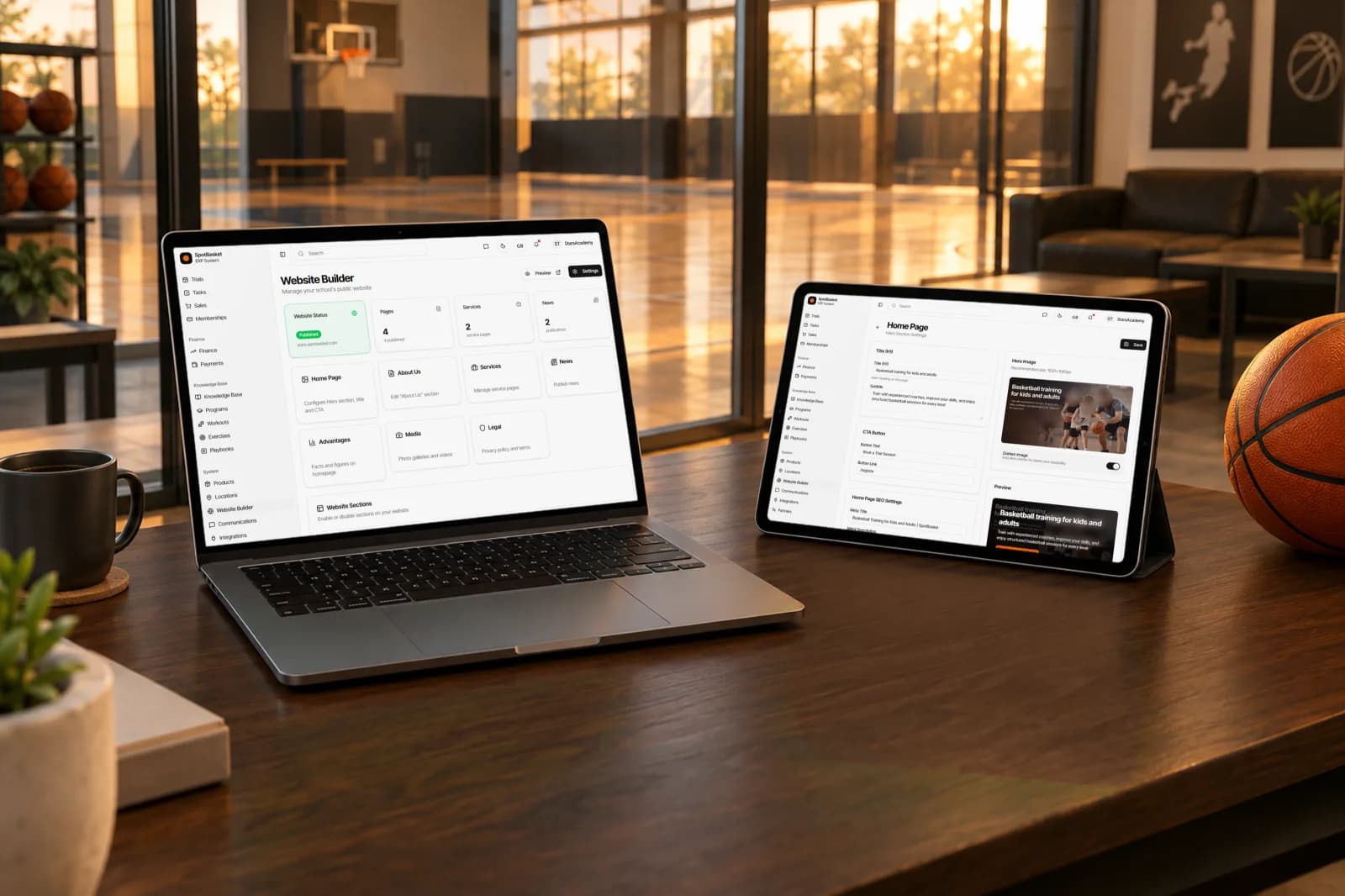 Basketball club website built with the SpotBasket website builder shown on a laptop and phone