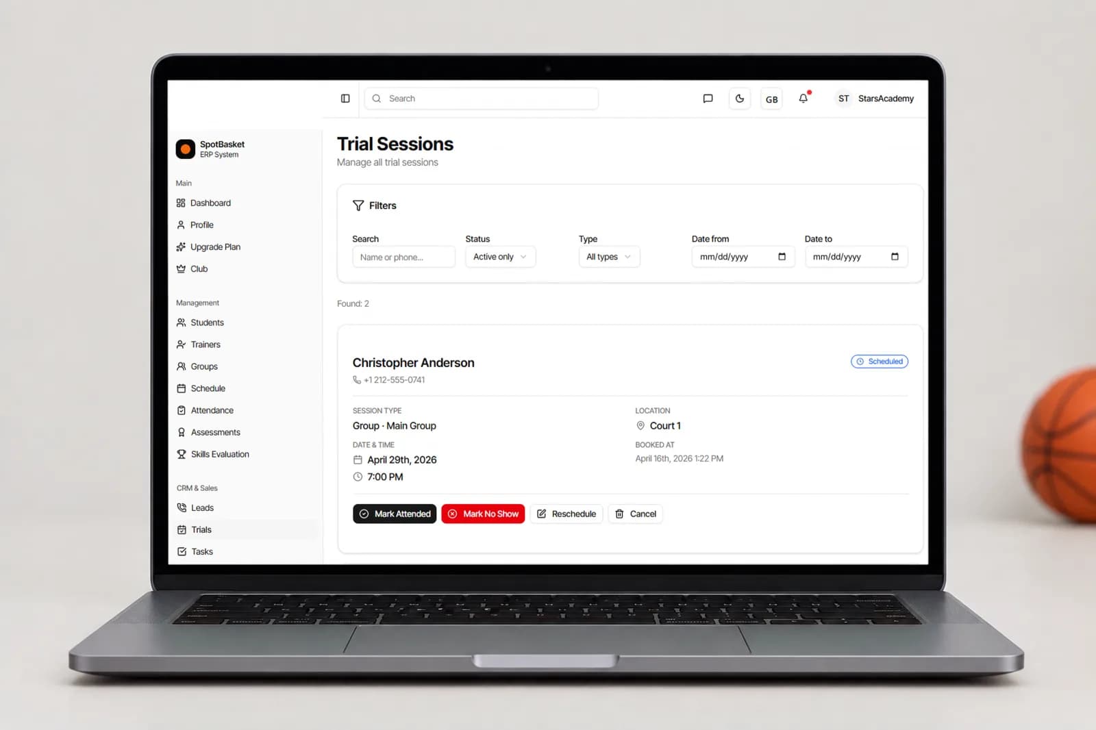 Youth sports registration form creating a new lead with a booked trial in SpotBasket OS