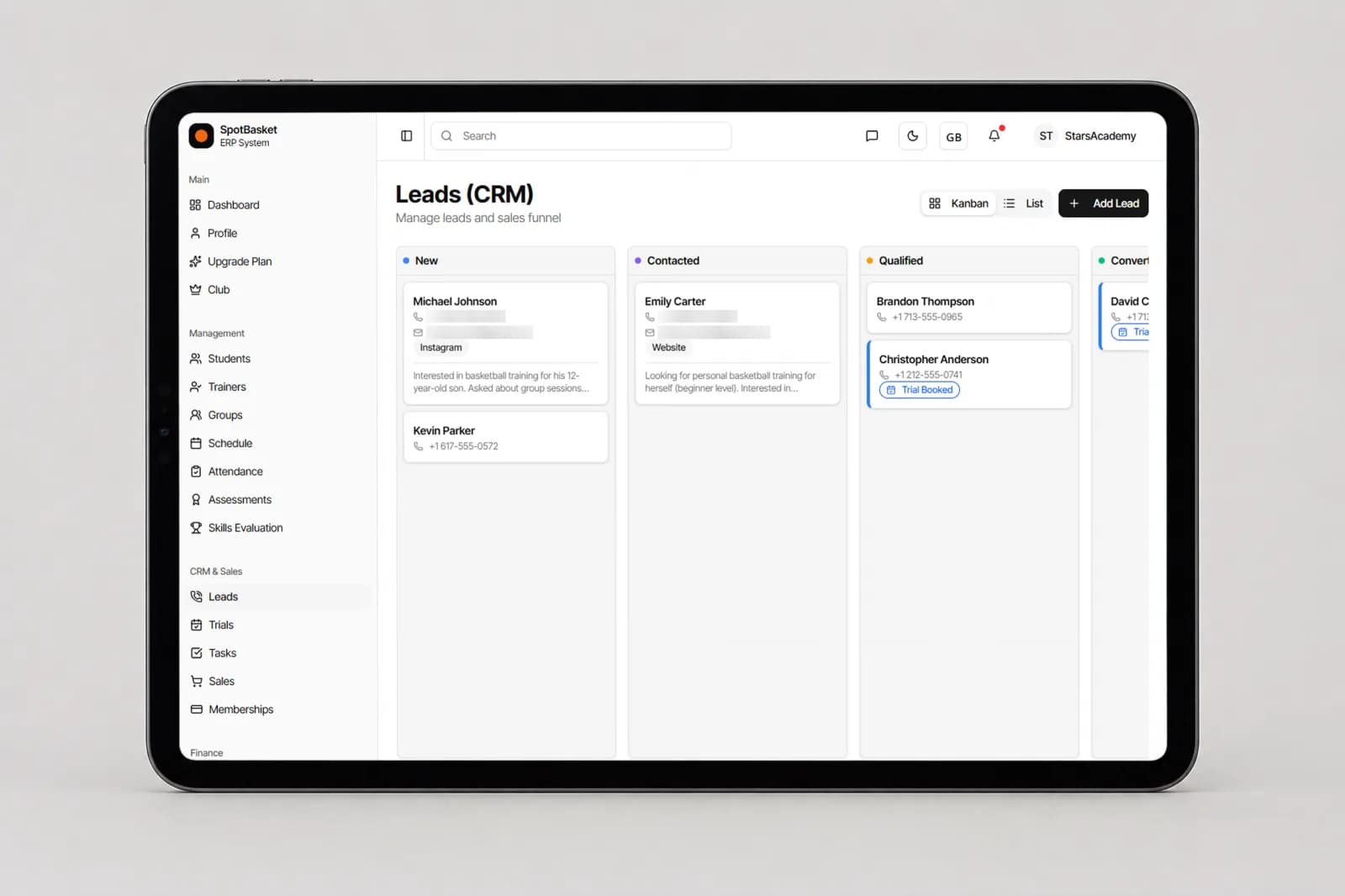 Trial class booking into an upcoming basketball practice in the SpotBasket CRM