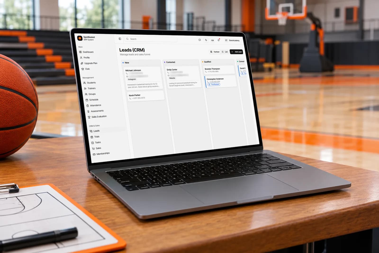 Kanban board of basketball academy leads in the SpotBasket CRM for sports academies