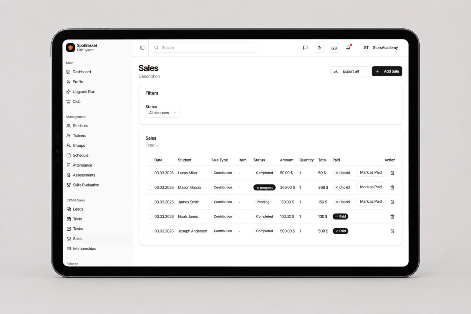 Recording a membership payment as cash, card or on credit in SpotBasket OS