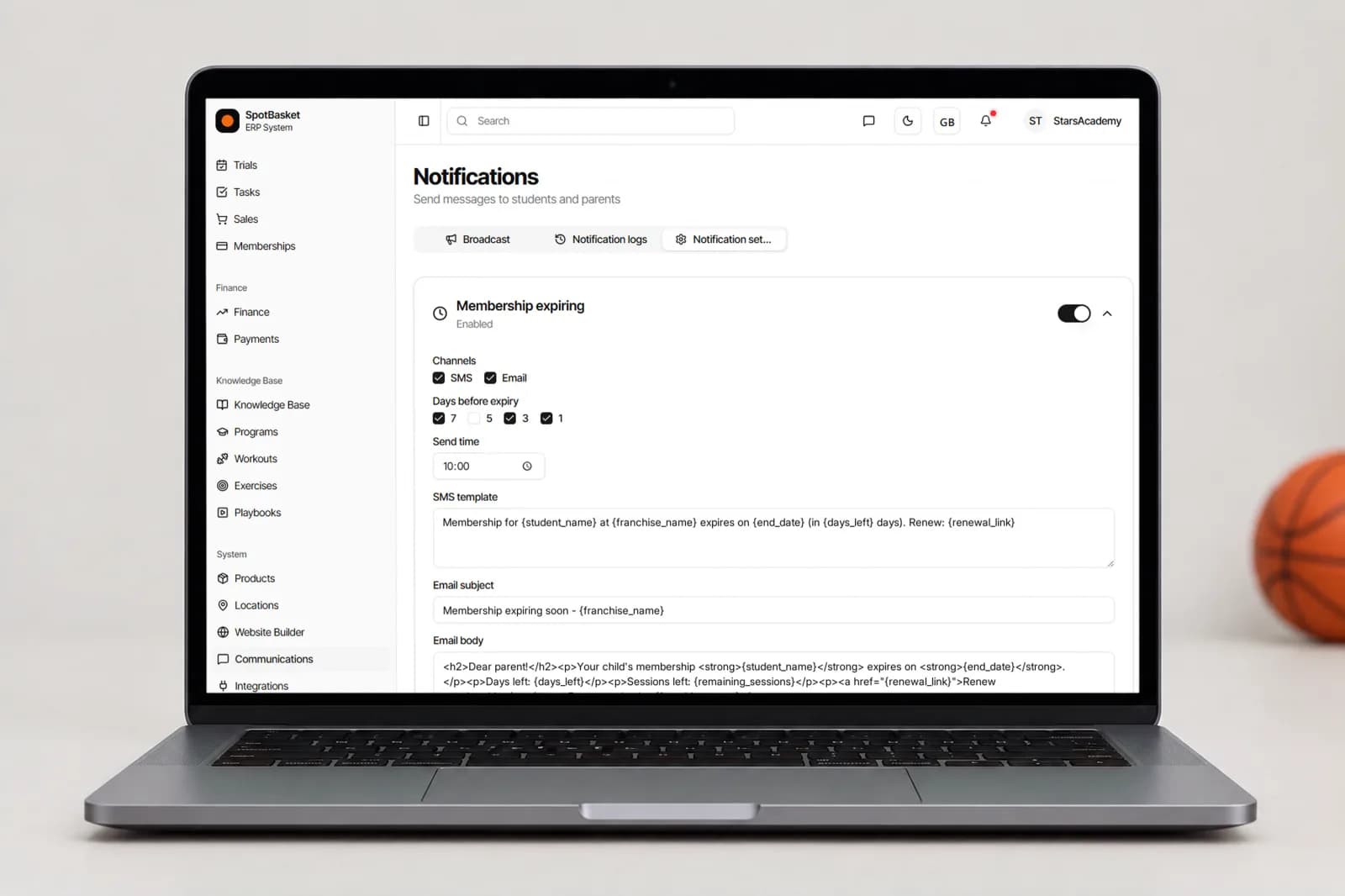 Sending an email and SMS broadcast to basketball parents by group in SpotBasket OS