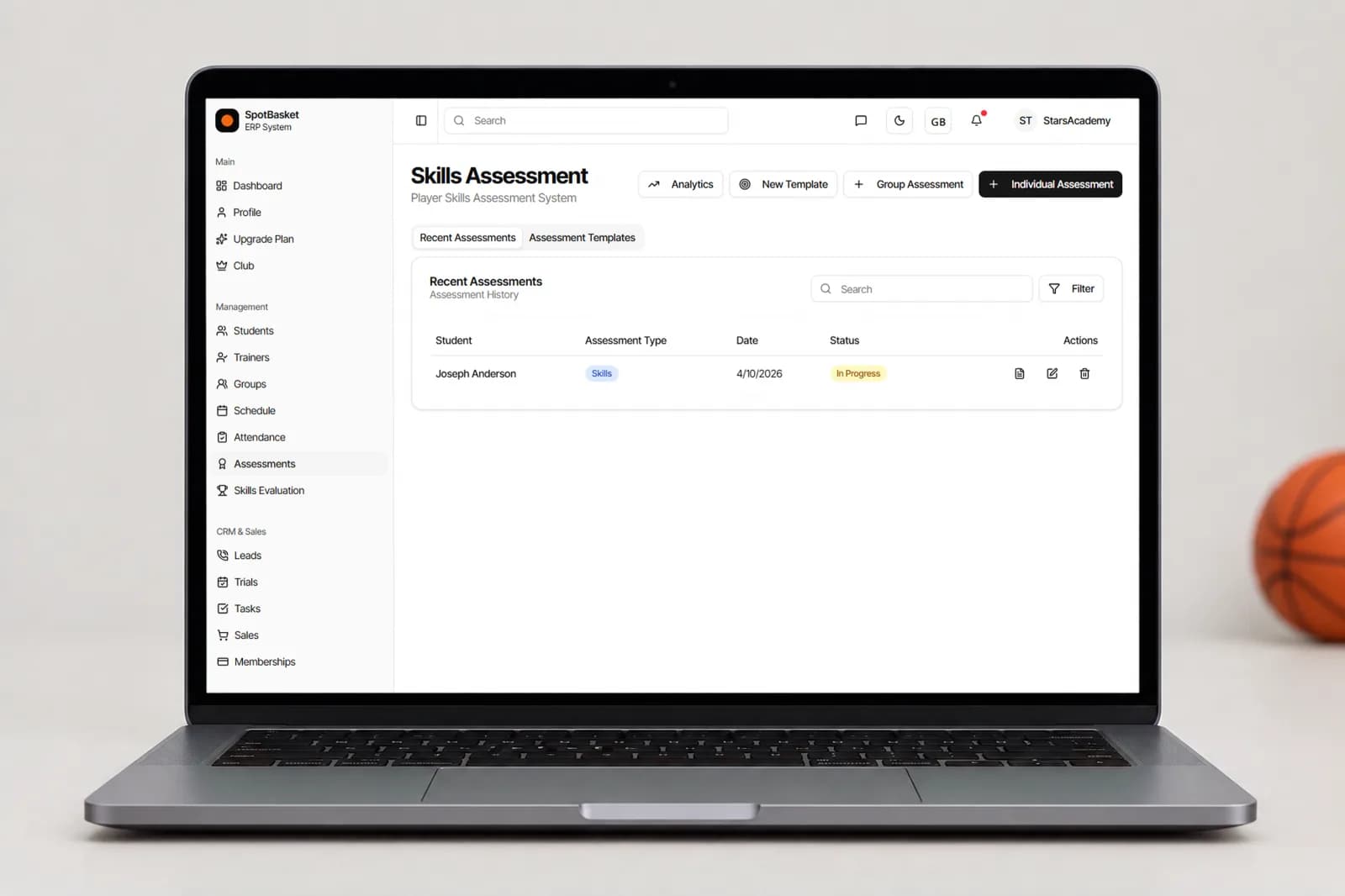 Basketball player evaluation form template with weighted criteria in SpotBasket OS