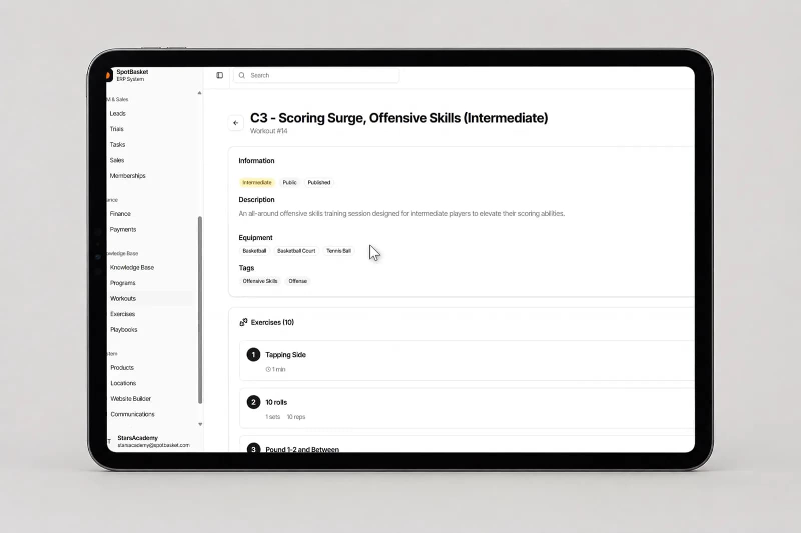 Library of reusable basketball workout plans filtered by difficulty and tags in SpotBasket OS