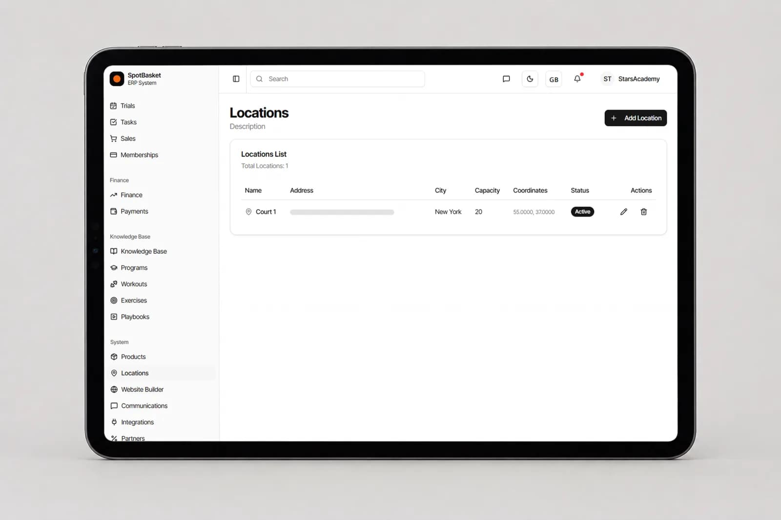 Sports club scheduling software month view with practices and games by location