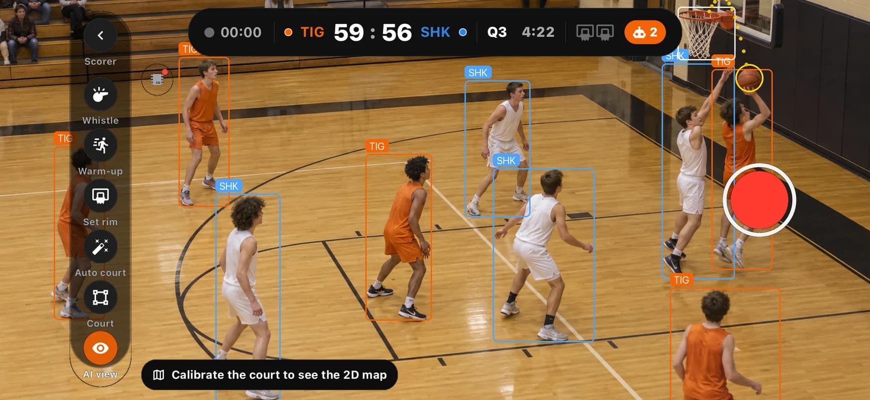 SpotBasket Court recording a game with AI view: players by team, the rim and the ball