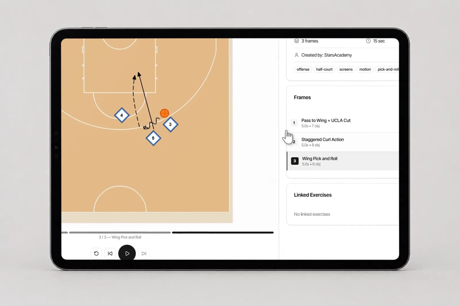 3D basketball play viewer in SpotBasket OS with animated players running a set