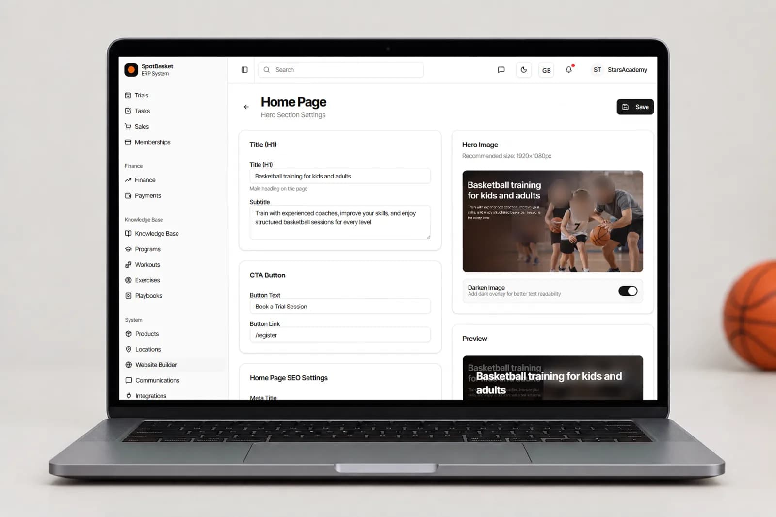 Website for a sports academy with trainers, schedule and memberships built in SpotBasket OS