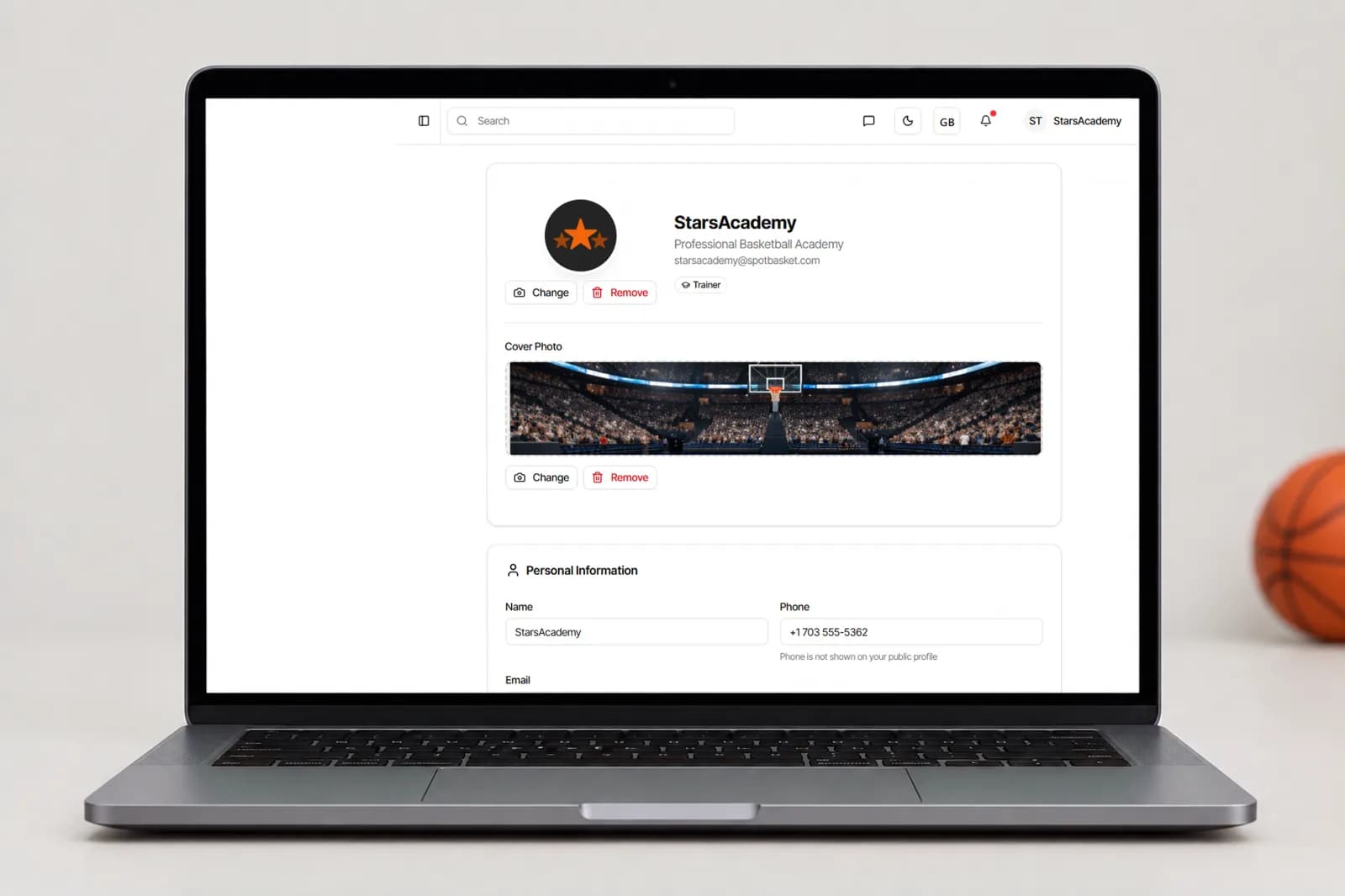 SEO settings with meta title and description in the SpotBasket club website builder